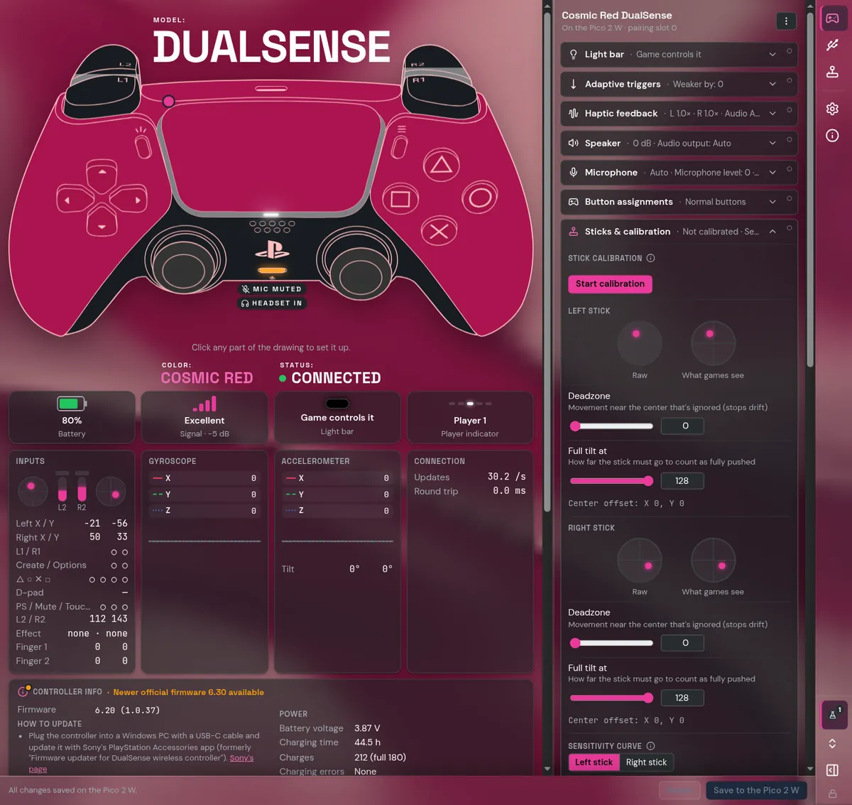 Calibration: a guided run with raw and corrected stick previews
