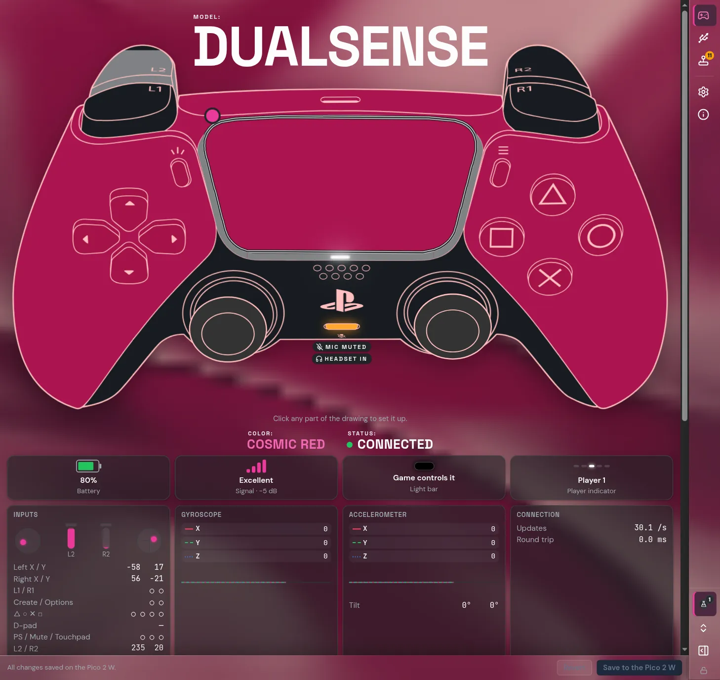 The app: a Cosmic Red DualSense drawn live, with tiles and live data below it